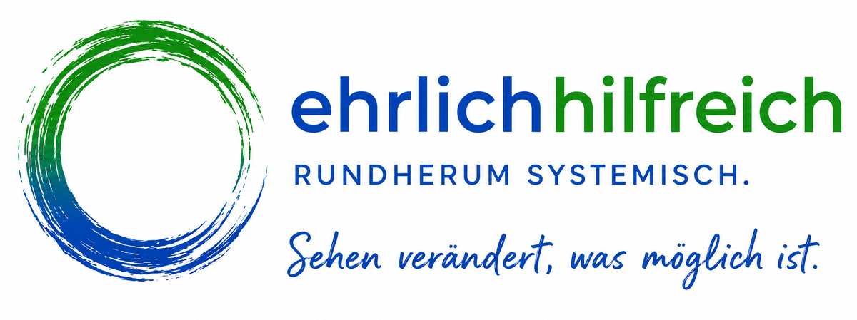 Wortmarke „ehrlichhilfreich – rundherum systemisch.“ mit Keimling-Emblem und dem Leitsatz „Sehen verändert, was möglich ist.“