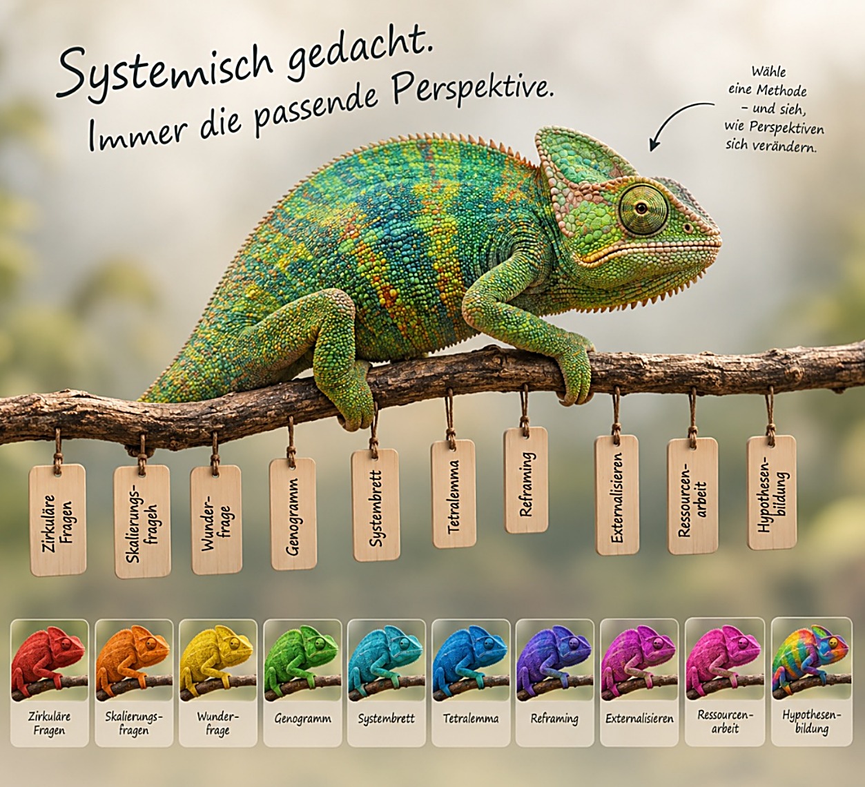 Ein Chamäleon sitzt auf einem Ast, von dem zehn Holzschilder mit systemischen Methoden hängen; darunter zehn farbige Karten.